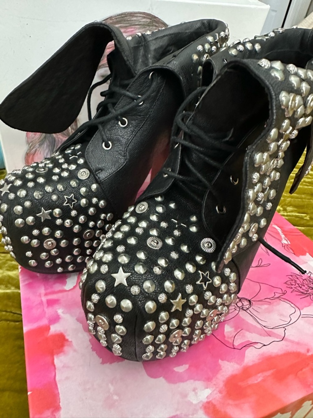 Jeffrey Campbell Size 9 Leather LitaStudded Black Platform Lace-Up Women's Boots